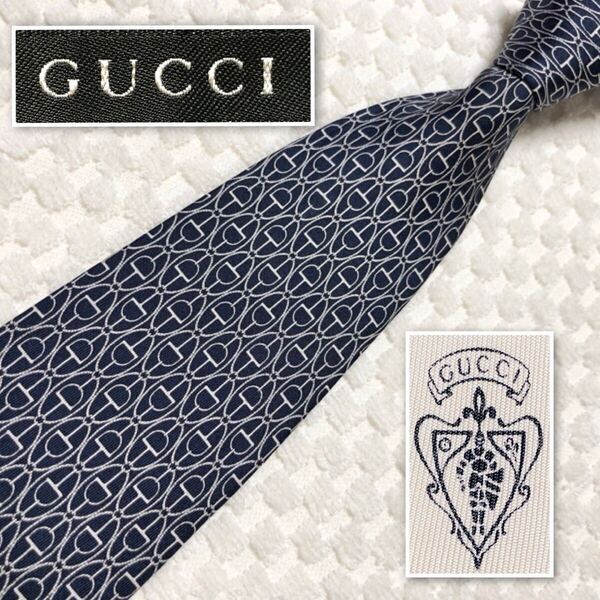 GUCCI グッチ ネクタイ ホースビット 金具 総柄 シルク100% イタリア製 ネイビー ビジネス