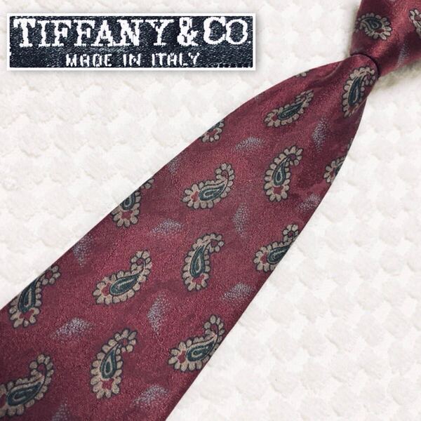 ■良品■TIFFANY&Co. ティファニー ネクタイ ジュエリー 総柄 シルク100% イタリア製 ボルドー ビジネス