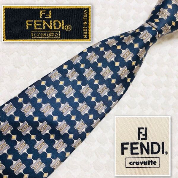 ■美品■FENDI フェンディ ネクタイ ホースビット FFロゴ 総柄 シルク100% ネイビー×グレー×ゴールド ビジネス