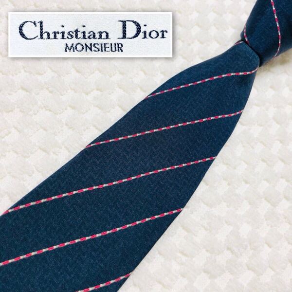 ■美品■Christian Dior クリスチャンディオール ネクタイ レジメンタルストライプ シルク100% ネイビー ビジネス