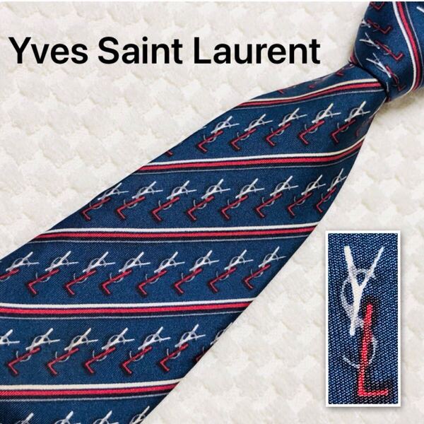 ■美品■Yves saint Laurent イヴサンローラン ネクタイ YSL総柄 レジメンタルストライプ シルク100% 日本製 ブルー×トリコロール