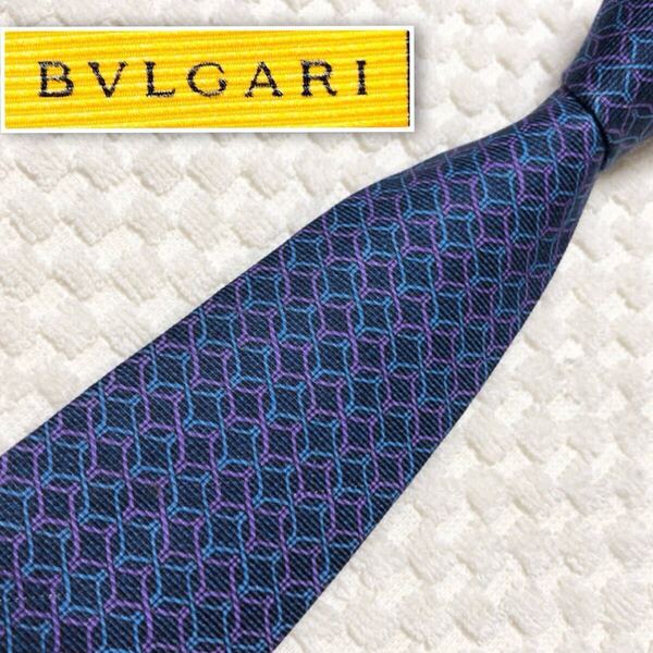 ■美品■セッテピエゲ■BVLGARI ブルガリ ネクタイ 金具 総柄 シルク100% イタリア製 ブルー×パープル ビジネス