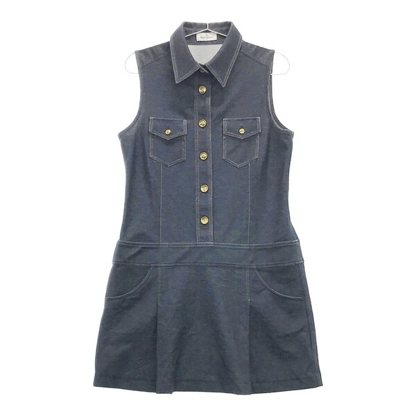 $ 美品 $ 激レア♪■ MUNSINGWEAR ■ マンシングウェア ■ デニム調 金ボタン・ ノースリーブ ワンピース ゴルフウェア■ 紺 ネイビー ■ L