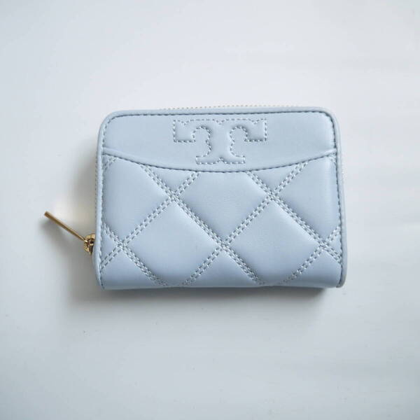 $ 極美品 $ 激レア◆ TORY BURCH トリーバーチ ◆ ラウンドファスナー コインケース 小銭入れ 財布◆ 立体ロゴ 本革 レザー◆ スカイブルー