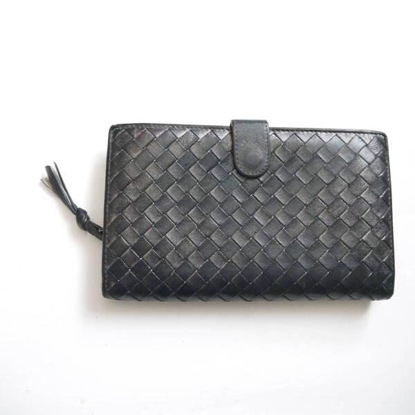 $ 美品 $ ■ BOTTEGA VENETA ■ ボッテガヴェネタ ■ イントレチャート・ラウンドファスナー 2つ折り 長財布■ 黒 メタリック ブラック系