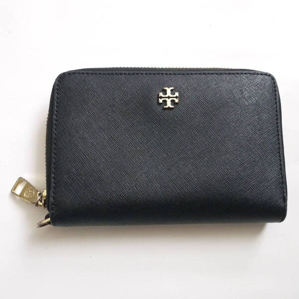 $ 美品 $ 希少! ◆ TORY BURCH ◆ トリーバーチ ◆ ラウンドファスナー 長財布 ◆ ロゴ入り ラム革 レザー製◆ 黒 ブラック ◆ 送料無料!
