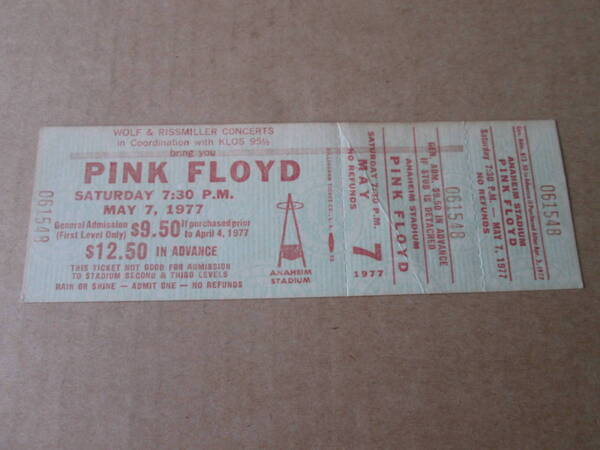 ★ピンク・フロイド PINK FLOYD☆ アナハイム公演チケット☆中古品★1977年☆ANAHEIM STADIUM★Rare Item★Ticket