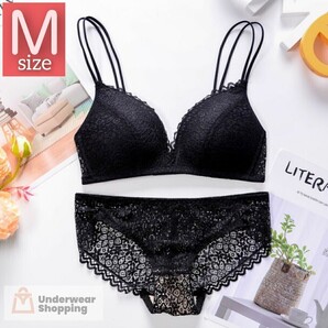 【商品番号15】 ダブルストラップ 楽ブラ レースブラックM ノンワイヤー ブラジャーショーツセット 下着 レース セットアップ