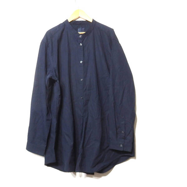 【送料無料】無印良品ロングシャツワンピース/紺色 MUJI レディース XLサイズ スタンドカラー
