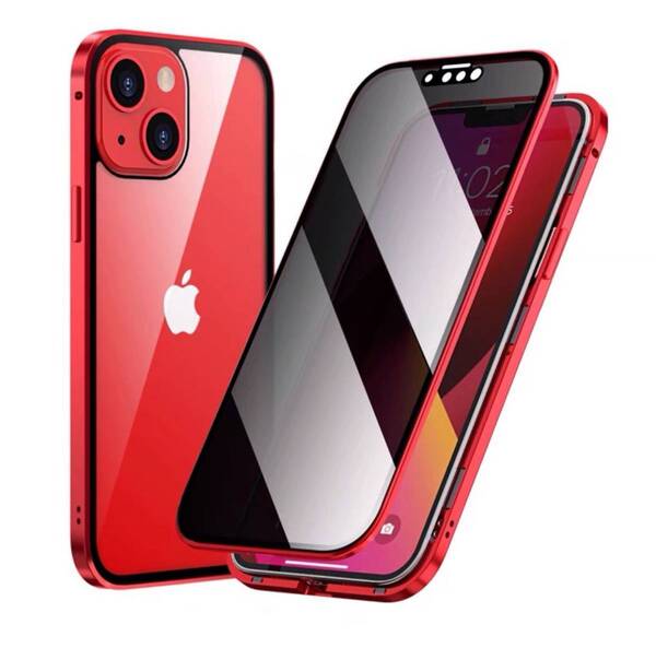 iPhone 14 レッド 覗き見防止 両面強化ガラス アルミ合金 磁気吸着 耐衝撃 iPhone7 8 SE2 3 X S 11 12 13 14 15 Pro max mini Plus ケース
