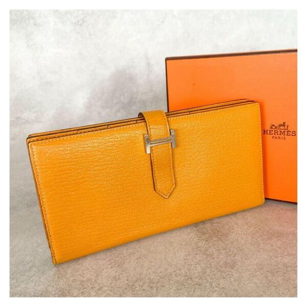 HERMES エルメス ベアンスフレ A刻印 イエロー レザー 二つ折り財布 シルバー金具