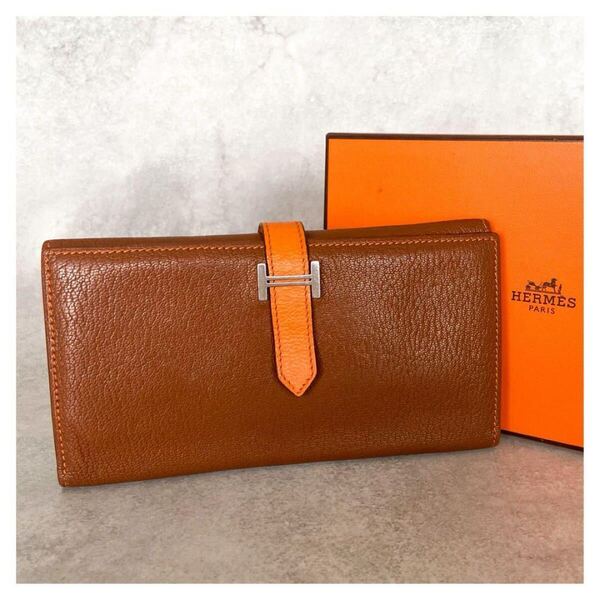 HERMES エルメス べアン □E刻印 三つ折り財布 レザー ブラウン/オレンジ バイカラー シルバー金具