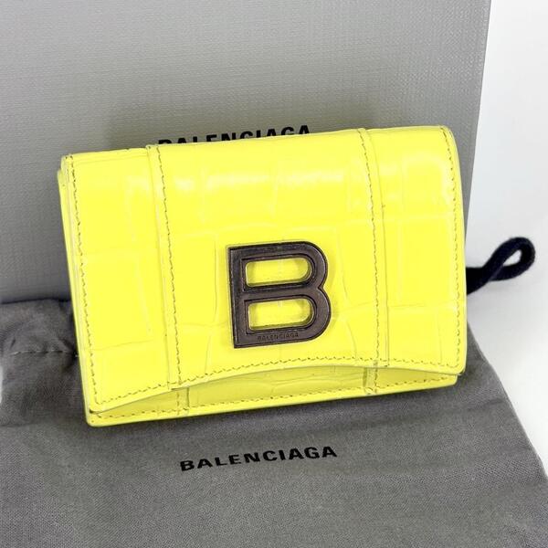 美品 BALENCIAGA アワーグラス 三つ折り 財布 クロコダイル 型押し バレンシアガ Bロゴ イエロー 黄色 HOURGLASS ミニ ウォレット