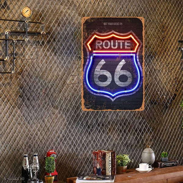 ブリキプレートサイン ROUTE66 ネオンサイン 壁掛け看板 アメリカン雑貨 お洒落 インテリア BAR看板 存在感抜群! 店舗装飾 雰囲気作り