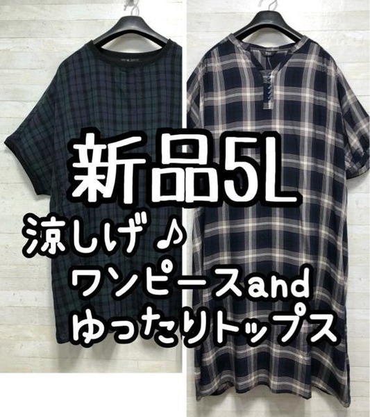新品☆5L♪チェック柄♪薄手シアーワンピース&ゆったり綿トップス☆G751
