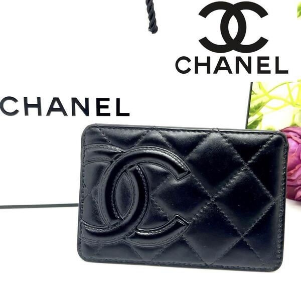 美品CHANEL シャネル ビックココマーク カンボンライン ラムスキン パスケース カード 定期 Suica 名刺入れ 黒 ピンク