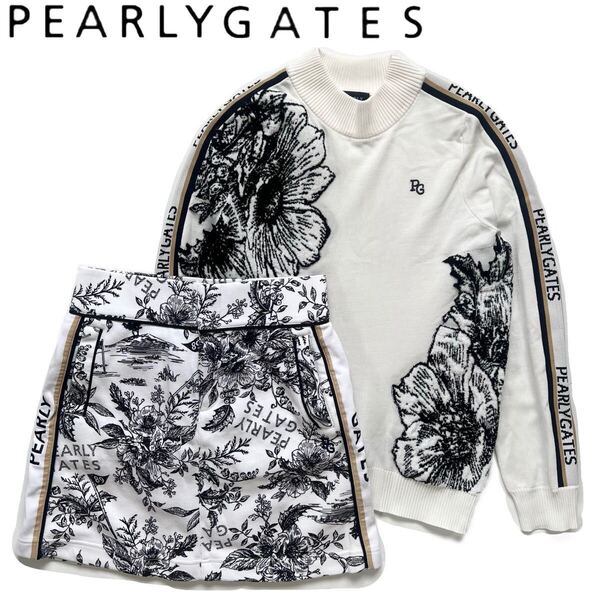 【送料無料】【セットアップ】パーリーゲイツ 繊細花柄 ニット スカート ゴルフ レディース Pearly gates 1 M ホワイト 白