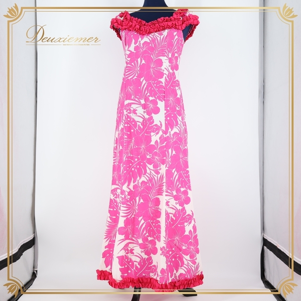 『送料無料』【美品 ハワイ製 フラダンス衣装】ピンク Royal Creations ワンピース ドレス 白 ハイビスカス柄 花柄 フリル アロハ かわいい