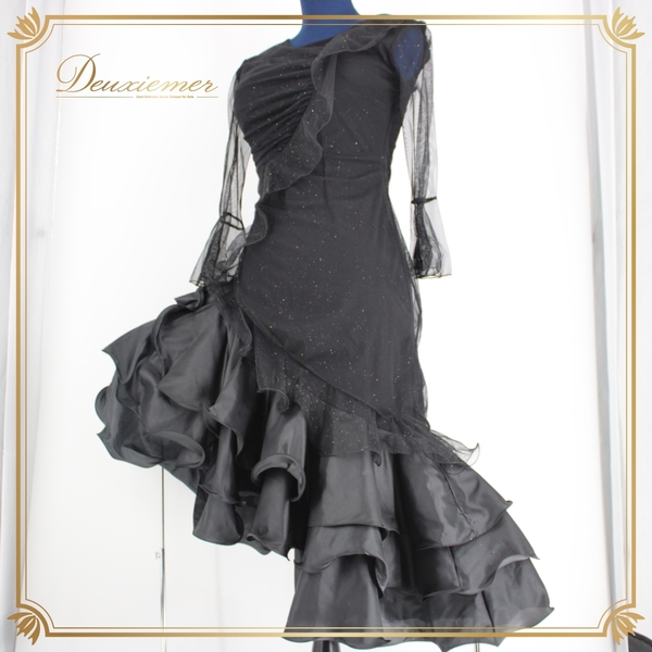 『送料無料』【美品 社交ダンス衣装】ワンピース ドレス prima boutique プリマブティック 黒 ブラック アシンメトリー アシメ 長袖 フリル
