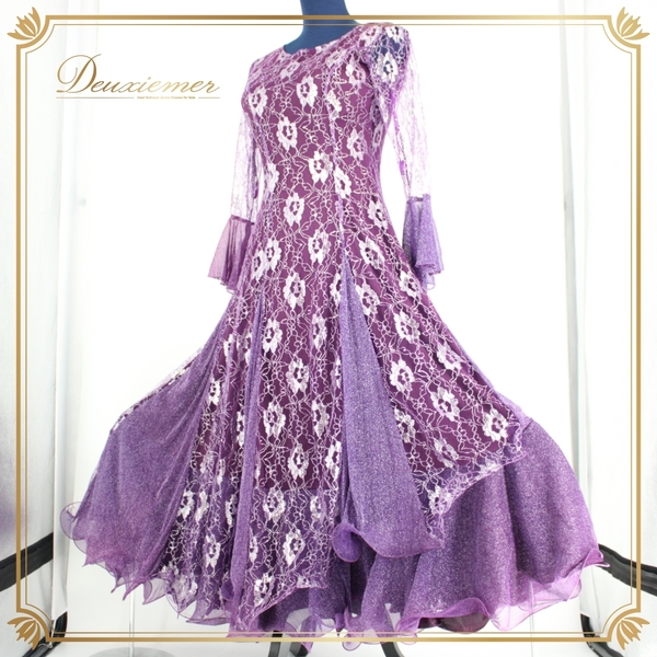 『送料無料』【美品 社交ダンス衣装】ワンピース ドレス prima boutique プリマブティック 紫 パープル レース 銀 シルバー 花柄 豪華 派手