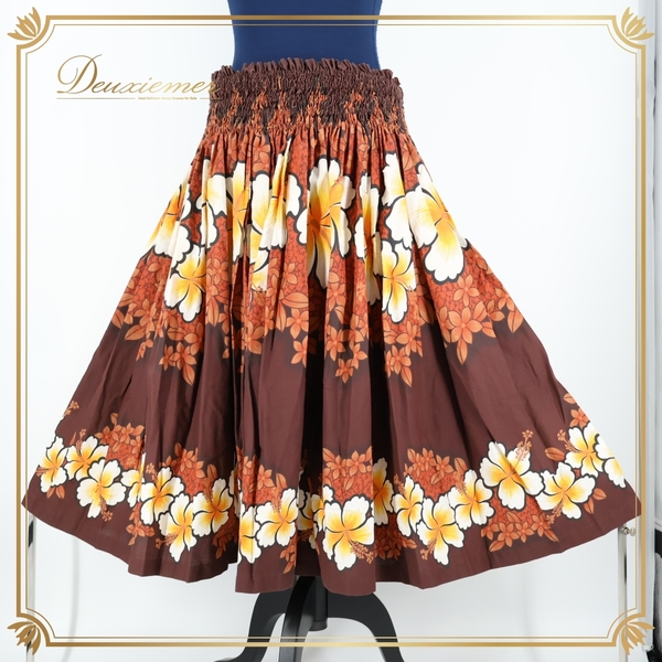 『送料無料』【フラダンス衣装】ブラウン パウスカート 茶 白 オレンジ ハイビスカス柄 花柄 ホワイト シングル ハワイアン かわいい ゴム