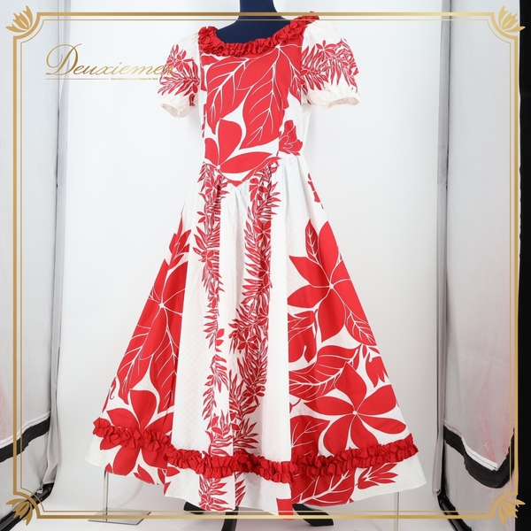 『送料無料』【ハワイ製 フラダンス衣装】ホワイト T&L MUUMUU FACTORY ワンピース ドレス 白 赤 花柄 フリル レッド ハワイアン かわいい