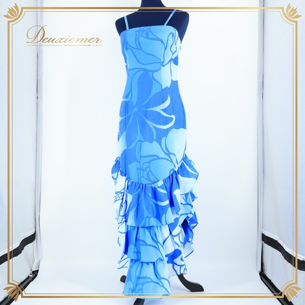 『送料無料』【ハワイ製 フラダンス衣装】ブルー CC Fashions ワンピース ドレス 青 水色 キャミソール 花柄 フリル ハワイアン かわいい