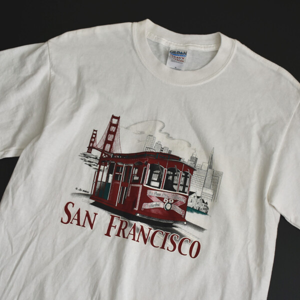 00s SAN FRANCISCO サンフランシスコ スーベニア Tシャツ M イラスト アート ケーブルカー&ゴールデンゲートブリッジ vintage 古着