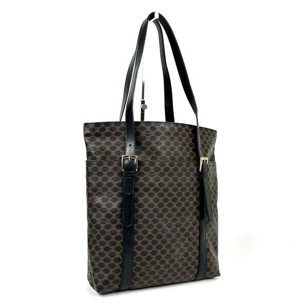 美品■CELINE セリーヌ トートバッグ ハンドバッグ 黒マカダム柄 トリオンフ ロゴ型押し ゴールド金具 PVC 革 メンズ レディース 男女兼用