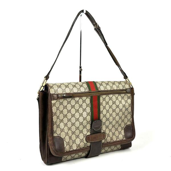 希少■GUCCI グッチ ショルダーバッグ 肩掛け ビジネスバッグ ブリーフケース GGスプリーム シェリーライン PVC レザー A4 収納可 ブラウン