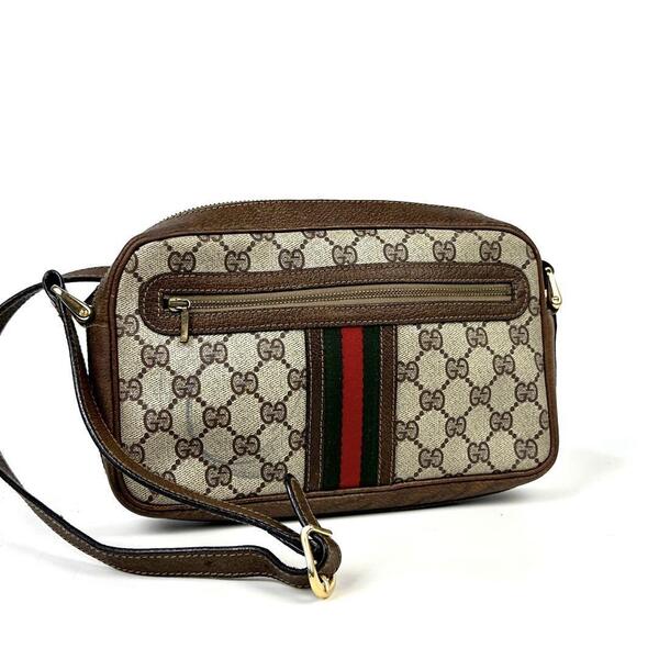 希少■GUCCI グッチ ショルダーバッグ クロスボディ 肩掛け 斜め掛け シェリーライン PVC レザー ブラウン メンズ レディース ユニセックス