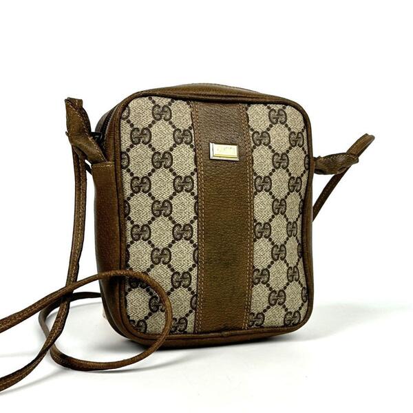 希少■GUCCI グッチ ショルダーバッグ クロスボディ 肩掛け 斜め掛け ゴールド金具 PVC レザー ブラウン メンズ レディース ユニセックス