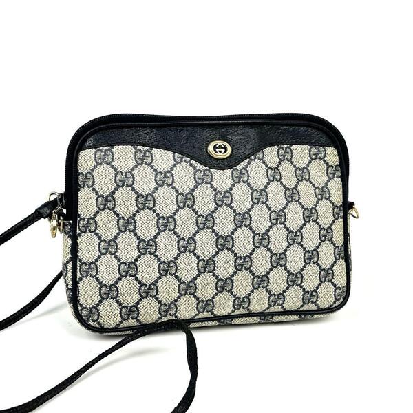 美品■GUCCI グッチ ショルダーバッグ クロスボディ 肩掛け 斜め掛け GGスプリーム ゴールド金具 PVC レザー ネイビー ユニセックス