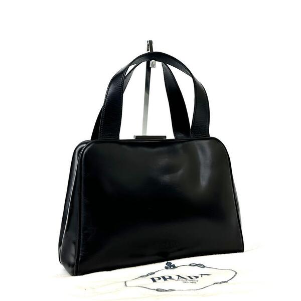 美品■PRADA プラダ ハンドバッグ 手持ち鞄 ロゴ型押し 裏地総柄 シルバー金具 レザー ブラック メンズ レディース ユニセックス 男女兼用