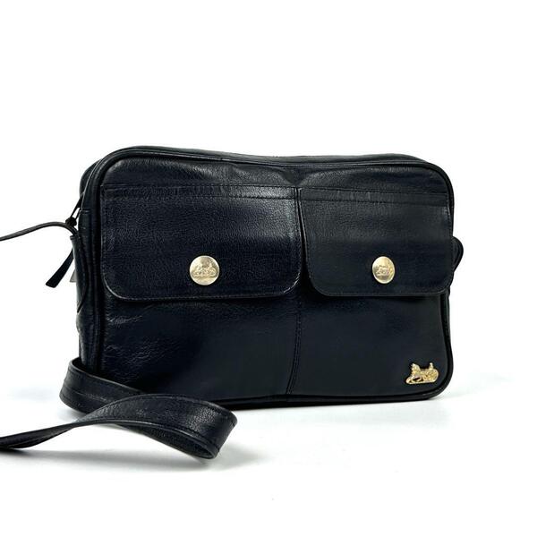 美品■CELINE セリーヌ ショルダーバッグ クロスボディ 肩掛け 斜め掛け 馬車金具 裏地総柄 ゴールド金具 レザー ブラック ユニセックス