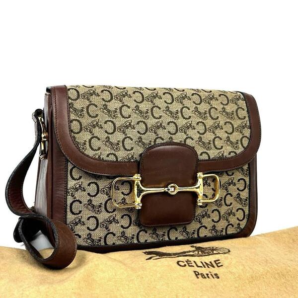 美品■CELINE セリーヌ ショルダーバッグ 肩掛け ホースビット Cマカダム ゴールド金具 キャンバス レザー 茶系 ユニセックス 男女兼用