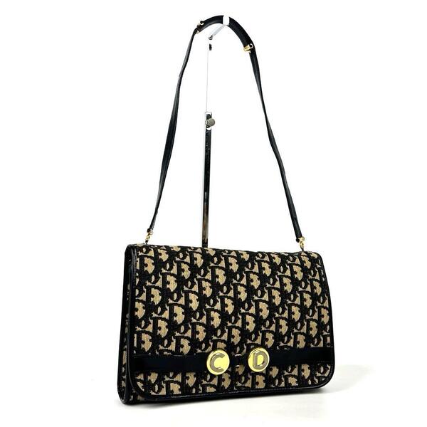 希少■Christian Dior クリスチャンディオール ディオール ショルダーバッグ 肩掛け トロッター 総柄 レザー キャンバス ネイビー 男女兼用