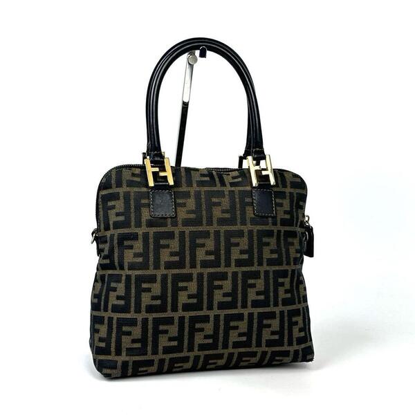 美品■Fendi フェンディ ハンドバッグ ズッカ柄 ゴールド金具 キャンバス レザー ブラウン メンズ レディース ユニセックス 男女兼用