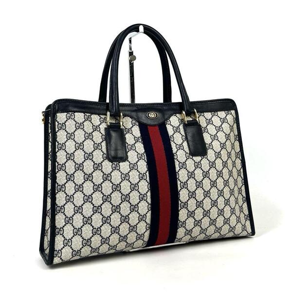 美品■GUCCI グッチ ハンドバッグ GGスプリーム シェリーライン レザー PVC ネイビー A4 収納可メンズ レディース ユニセックス 男女兼用