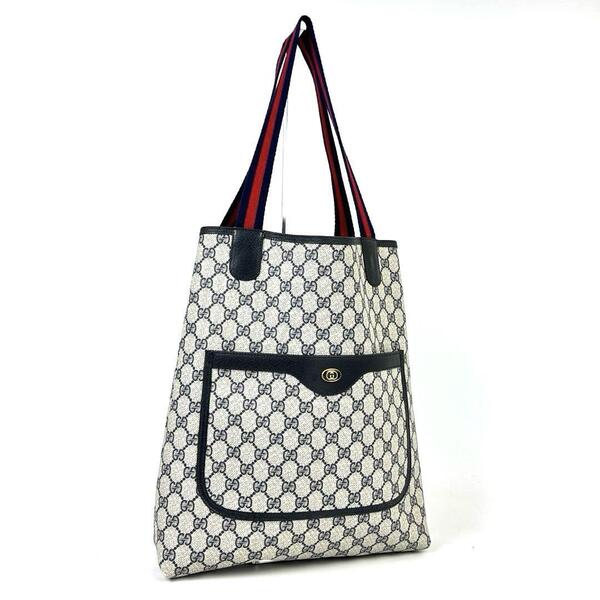 美品■GUCCI グッチ ハンドバッグ トートバッグ GGスプリーム シェリーライン PVC 革 ネイビー メンズ レディース ユニセックス 男女兼用
