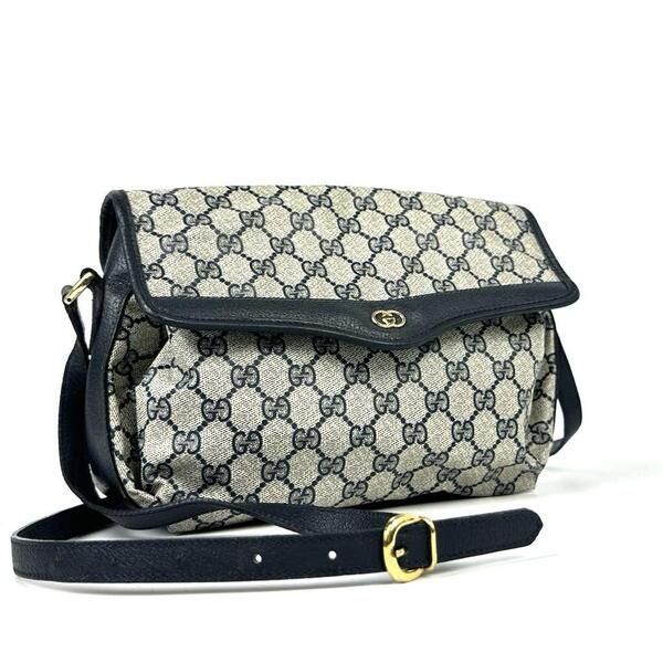 希少■GUCCI グッチ ショルダーバッグ クロスボディ 肩掛け 斜め掛け GGスプリーム ゴールド金具 PVC 革 ネイビー ユニセックス 男女兼用
