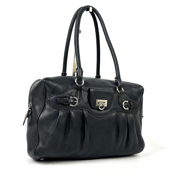 希少■Salvatore Ferragamo サルヴァトーレ サルバトーレ フェラガモ ハンドバッグ トートバッグ ガンチーニ シルバー金具 レザー ブラック