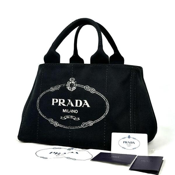 極美品■PRADA プラダ カナパ ハンドバッグ トートバッグ 三角ロゴ トライアングル ゴールド金具 デニム 黒 保存袋 カード付 男女兼用