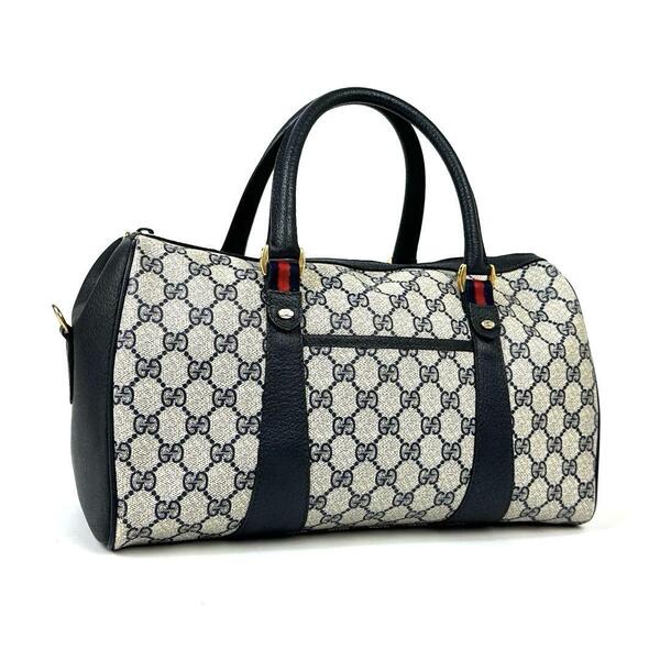美品■GUCCI グッチ ハンドバッグ トートバッグ ミニボストン シェリーライン PVC レザー 紺系 メンズ レディース ユニセックス 男女兼用