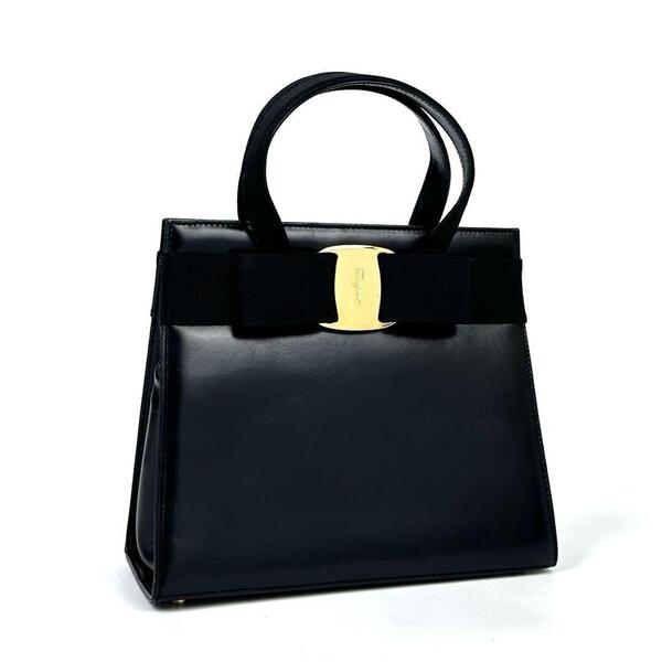 【極美品】Salvatore Ferragamo サルバトーレフェラガモ ハンドバッグ トートバッグ ヴァラリボン 裏地総柄 レザー ブラック ゴールド金具