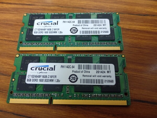 Crucial白 【低電圧】 合計16GB(8GB×2枚) PC3L-12800S 揃いペア いちおう正常動作になったが ジャンク 上級者専用