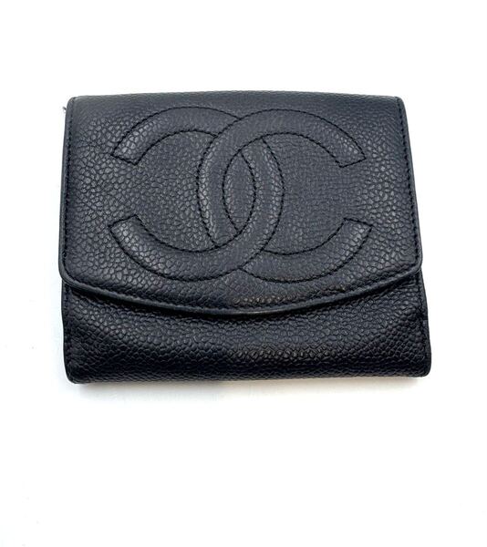 CHANEL シャネル キャビアスキン ココマーク 2つ折り Wホック ダブルホック レザー 黒 ブラック 財布