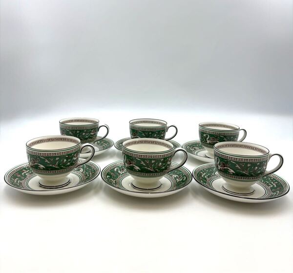 希少 WEDGWOOD ウェッジウッド フロレンティーン ヴェルデ エメラルドグリーン フルーツ柄 ティーカップ&ソーサー 6客セット