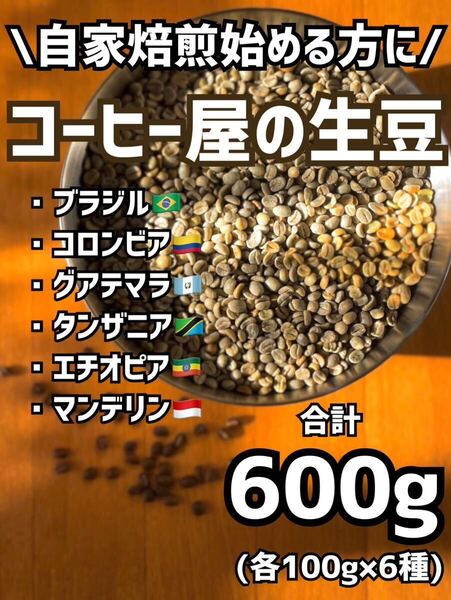【自家焙煎用コーヒー生豆】大人気6種セット★ブラジル、コロンビア、グアテマラ、エチオピア、タンザニア、マンデリン★合計600g(約45杯)