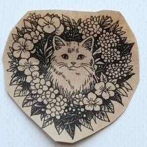 1011 ねこ あじさい フラワーリース はんこ ハンコ ヴィンテージ アンティーク スタンプ イラスト ゴム印 猫 ネコ 白猫 アジサイ 紫陽花 花
